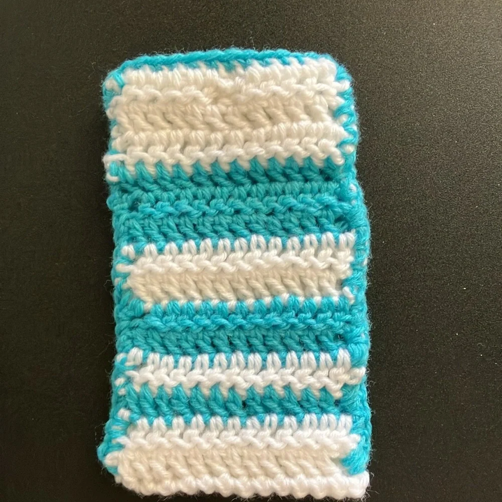 Handmade Crochet Cell Phone Holder Pouch Eyeglass Case Blue White Striped Yarn